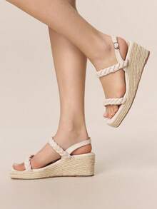 Styleloop Sandal Platform Hak Wedges Wanita, Sandal Hak Wedges Ujung Persegi Tali Rami Gaya Liburan, Suasana Liburan, Pakaian Musim Panas, Sepatu Musim Panas yang Wajib Dimiliki untuk Bepergian - Krem - View 2