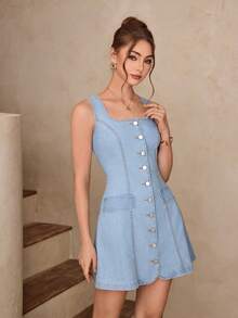 Selenza Women's Single-Breasted Casual Vacation Everyday Denim Dress - Blue - View 1