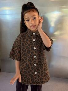 DAZY Young Girl Casual Loose Leopard Print Single-Breasted Short Sleeve Jacket - Brown - View 3