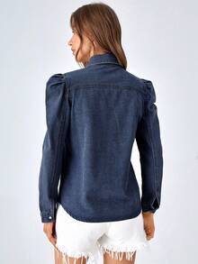 EMERY ROSE Plus Size Women's Single-Breasted Raglan Sleeve Casual Pocket Denim Shirt - Blue - View 2