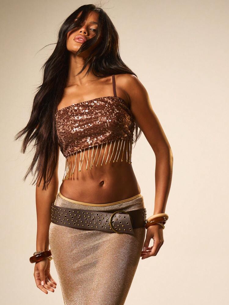 MISSGUIDED Brown Sequin Camisole With Beaded Fringe Hem Strapless Crop Top Party Club Evening Wear Festival Glamour