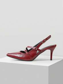Mnmlis Simple Solid Color Casual Commuter Office Pointed Slingback Women's High Heel Sandals - Burgundy - View 6