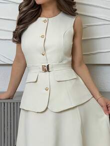 Jemour SOLID A LINE BELTED DRESS, WOMEN OUTFIT - Apricot - View 7