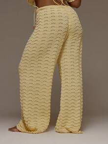 MUSERA Plus Size Tie Waist Crochet Knit Patterned Wide Leg Pants Trousers Spring Summer Vacation Beach Holiday Cover Up Cute Winter - Yellow - View 4