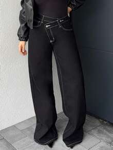 Jeta Ari 女士时尚休闲不对称腰带宽松牛仔裤 - 黑色 - 查看 6