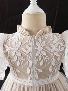 Souflis Souflis 女婴花卉刺绣网纱荷叶边领短袖连衣裙 - 杏色 - 查看 3