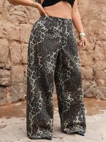 SHEIN ICON Plus Size Women Cowgirl Style Leopard Print Non-Stretch Straight Leg Pants, Fall Outfits - Coffee Brown - View 5