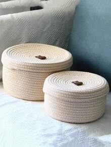 1PC Cotton Rope Storage Basket With Lid Handwoven Jute Round Multipurpose Organizer For Desk Toys Cosmetics Natural Home Decor Gift For Women Friends - Beige - View 3