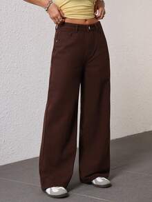 Jeanoix Women's Pocketed Wide Leg Loose Casual Versatile Jeans - Brown - View 5