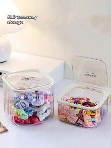 1PC Hair Accessory Storage Box, Transparent Large Capacity Covered Jewelry Box, Girls' Rubber Bands, Headbands, Hair Clips, Hair Ring Classification Box, Elastic Lid Storage Can, Waterproof And Dustproof, Thick And Textured, Suitable For Bathrooms, Bedrooms, Campus Dormitories, Travel - Clear - View 2