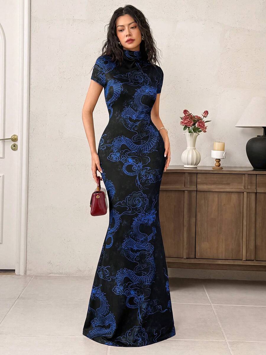 EastFlair 女士立领龙纹印花优雅收腰连衣裙，适合约会和派对，中国风连衣裙，女士长裙，旗袍连衣裙，优雅长裙，女士旗袍连衣裙