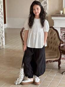 Dazy Kids 少女刺绣镂空泡泡袖彼得潘领衬衫 - 白色 - 查看 4