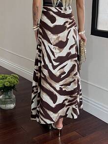 Livesso 女士休闲百搭日常穿搭开衩裙 - 咖啡棕 - 查看 2