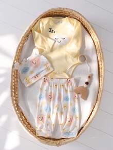 新生儿柔软面料黄色云朵星星可爱图案长袖连体衣套装 - 黃色 - 查看 3