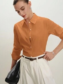 BizChic Brown Shirt, Business Formal, Vacation Style, Slouchy, Commute, Date, Daily, Vacation, Office, Slimming, Elegant, Versatile, Summer, Autumn, Halloween, Back To School, Party, Birthday, Wedding Guest, Church, Special Occasion, Outing, Beach, Gathering, Social, Holiday, Shopping, Afternoon Tea, Travel, Minimalist - Brown - View 14