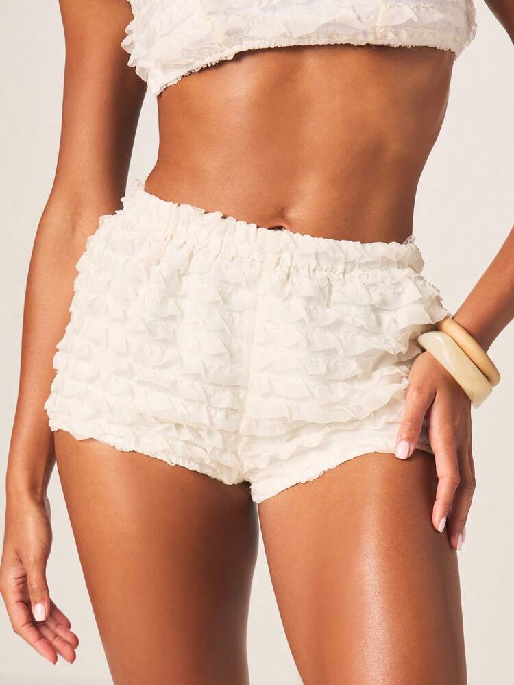 MISSGUIDED White Textured Ruffle Crop Top And Frill Hot Pants Co Ord Set Off Shoulder Two Piece Summer Festival Outfit Bohemian Beach Vacation Ensemble