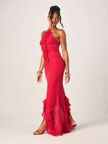 MISSGUIDED Women's Red Halter Neck Maxi Dress With Ruffle Detail Long Formal Evening Bodycon Gown Party Wedding Guest Cocktail - Red - View 4