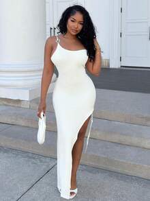 Alexandranx 女士度假针织华夫格纹理修身长裙，开衩，抽绳设计。适合派对、约会、性感、下午茶、海滩、夏季音乐节、婚礼季节 - 杏色 - 查看 1