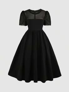 SHEIN Vestido de verano elegante con malla de contraste para niñas preadolescentes - Negro - Ver 6
