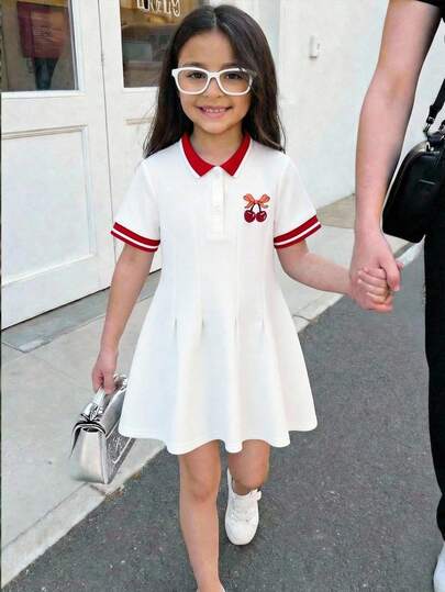 SHEIN Young Girls Cute Peach Print Polo Collar Waist Cinched Dress, White Casual Sports Style Versatile Dress For Outing, Vacation