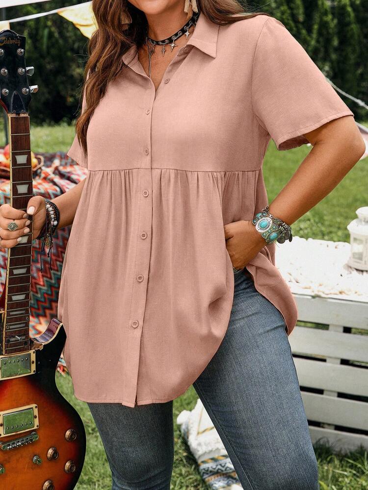 Short Sleeve Blue Button-Up Shirt, Casual Vacation Shirt With Longer Back, Plus Size, Suitable For Spring & Summer