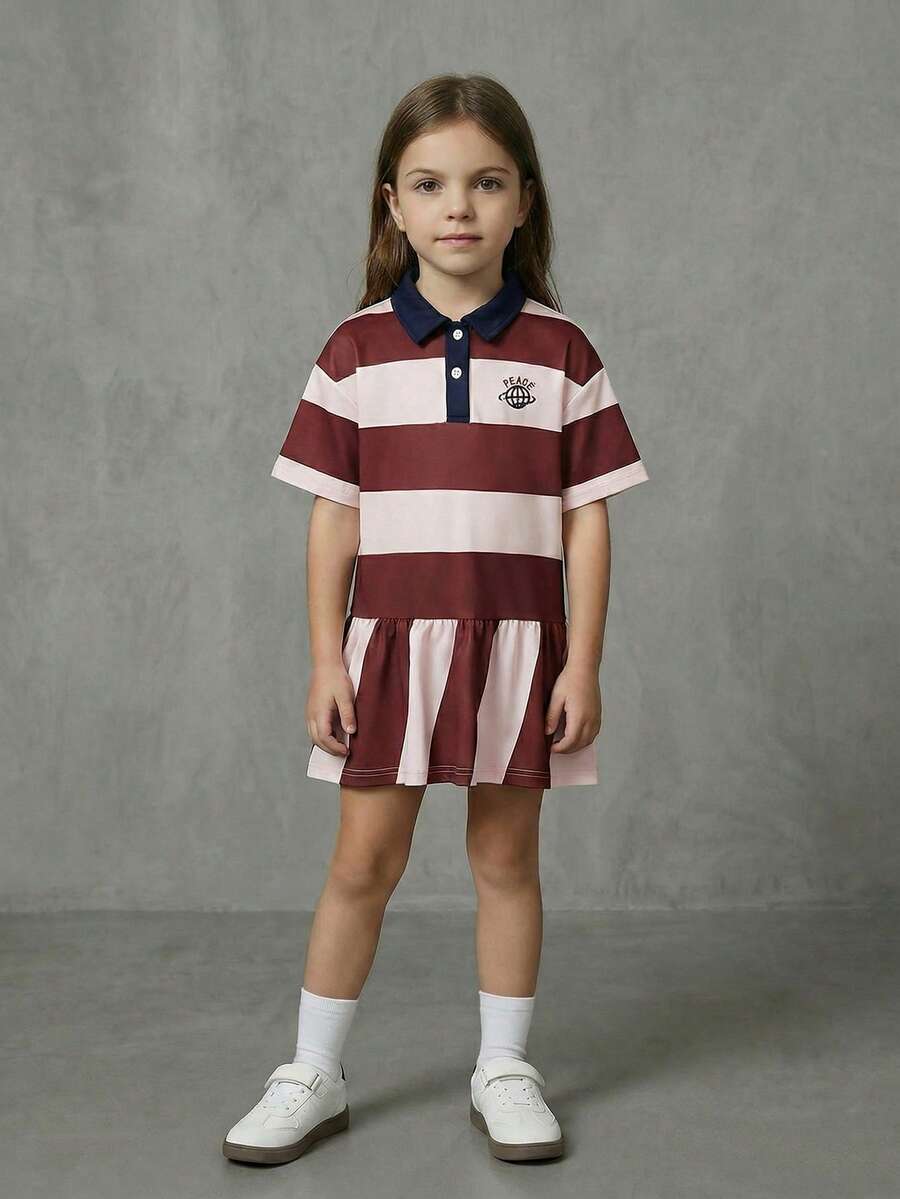 SHEIN Casuvi Kids Vestido Casual Feminino Primavera/Verão, Estilo Universitário Americano Fresco e Doce, Design em Contraste de Cor com Listras e Retalhos, Gola Polo, Manga Curta, Camiseta Ajustada, Saia Curta Alfaiatada, Decoração Bordada Exquisita, Nova Chegada Sazonal - Vinho - Visão 1