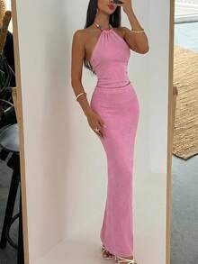 Aloruh 女士夏季度假沙滩性感露背吊带串珠花卉针织橙色吊带背心+超长针织花卉图案半身裙两件套，秋冬季性感女装 - 粉色 - 查看 7