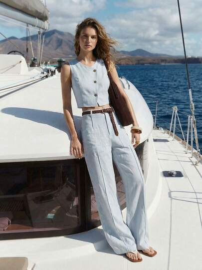 Lumivelle Conjunto de 2 piezas de algodón y lino para mujer, nuevo para primavera/verano, con chaleco sin mangas con decoración de botones metálicos en el ojal oblicuo y pantalones anchos de pierna ancha a la altura de la cintura, conjunto elegante de estilo resort