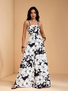 JIAN LASALA 全身印花细肩带编织无袖阔腿女士夏季连体裤休闲款 - 黑與白 - 查看 3