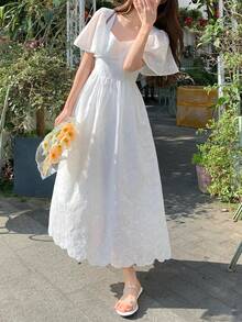 DAZY Women's Embroidered Sweetheart Neck Ruffle Hem Long Dress - White - View 4