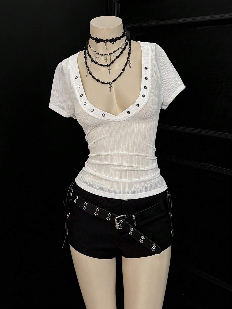 EgrlEra Women's Fashionable White Deep V-Neck Eyelet Trim Short Sleeve T-Shirt - White - View 1