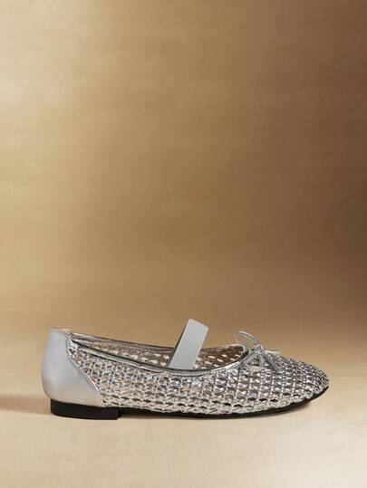 Rosivie Silver Gray Woven Hollow-Out Pointed Toe Flat Shoes, Luxury Bowknot Decor Breathable Mesh Slip-On Shoes, French Retro Niche Design Elegant Commuter Shoes For Women, European And American Style Thin Strap Peep Toe Net Vamp