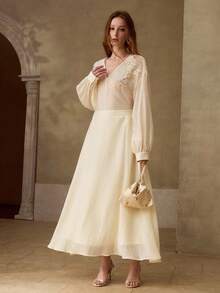 MOTF PREMIUM SPRING/SUMMER NEW BEADED COLLAR V-NECK LONG SLEEVE FASHIONABLE ELEGANT OFFICE LADY TOP - Apricot - View 4