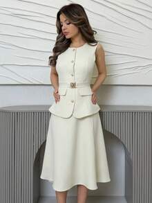 Jemour SOLID A LINE BELTED DRESS, WOMEN OUTFIT - Apricot - View 6