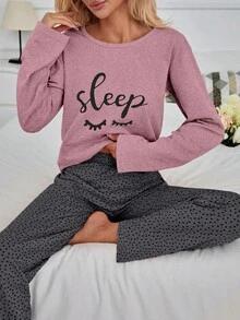 EURMUSE 100 % bomull, 2 delar pyjamasset med ögon och hjärtan - Dammrosa - Visa 6