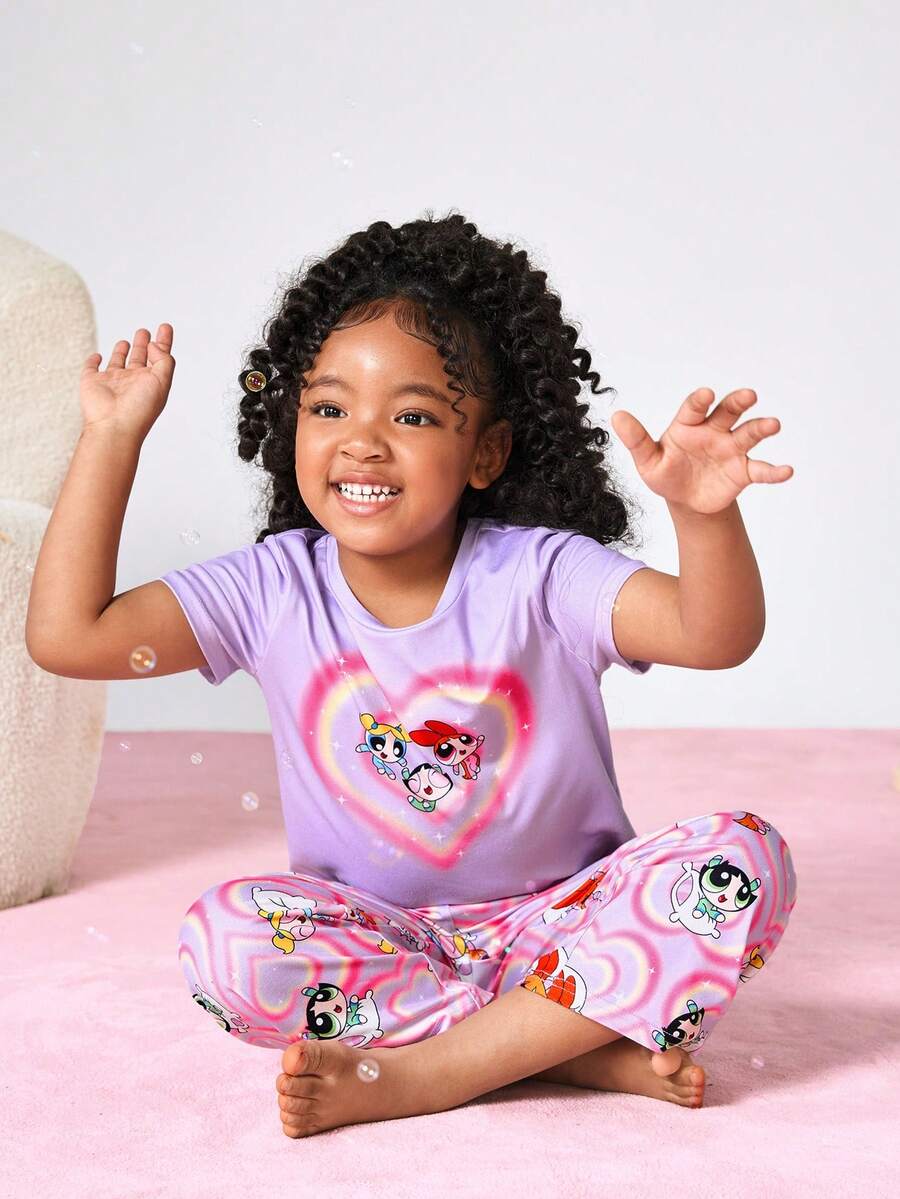 THE POWERPUFF GIRLS X SHEIN Young Girl Heart Cartoon Print Short Sleeve Top And Pants Casual Loungewear Set - Multicolor - View 1