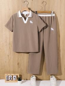 SHEIN Bộ 2 món cho bé trai tuổi teen, áo polo tay ngắn cổ bẻ kẻ sọc dáng rộng và quần dài. - Nhiều màu - Xem 3