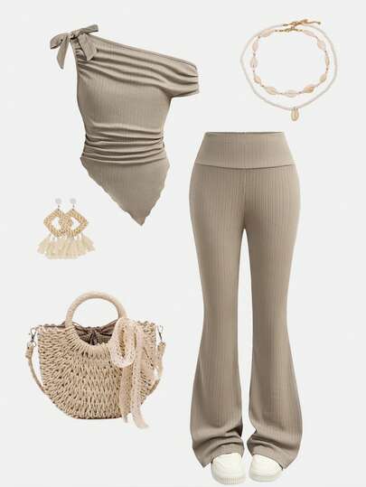 Girlism 少女休闲卡其色褶皱不对称吊带背心和喇叭裤套装，适合居家和户外旅行