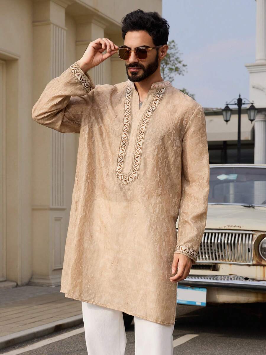 DAZY Mid-Length Khaki Shirt With Drawstring Design, Long Sleeve Men's Shirt - Gold - View 1