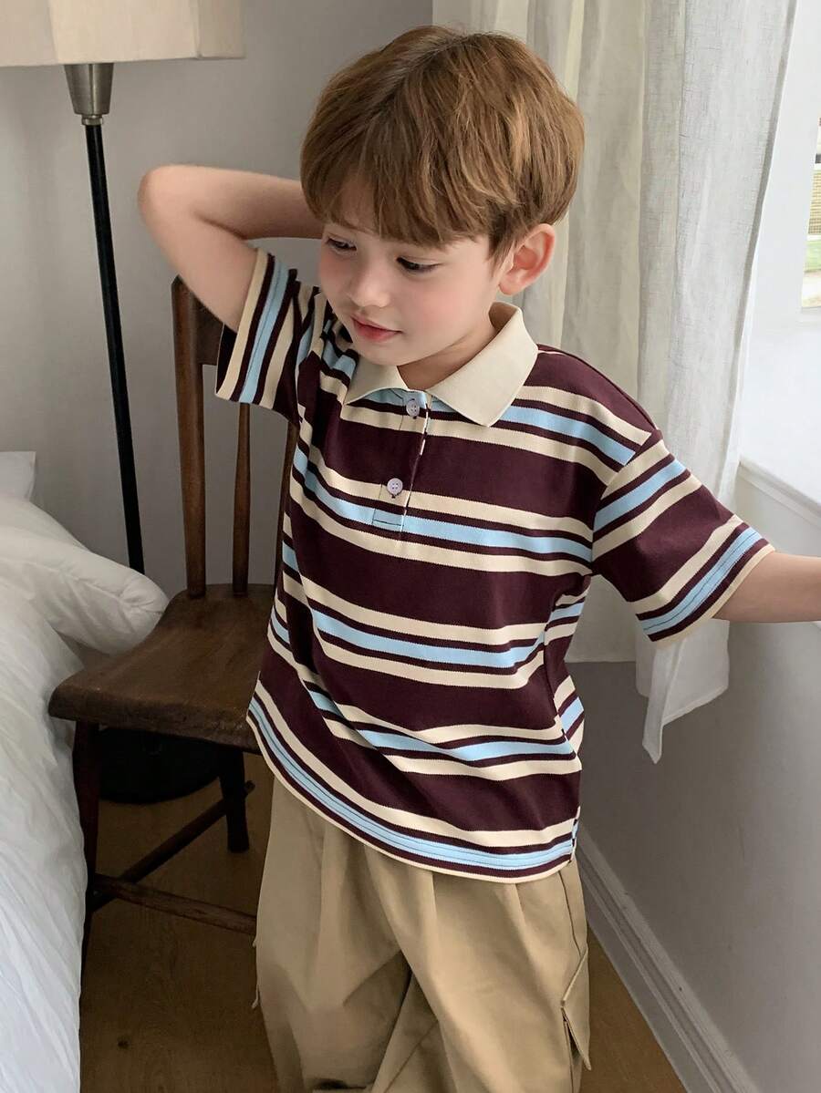 DAZY Young Boys' Basic Striped Print Short Sleeve T-Shirt - Brown - View 1