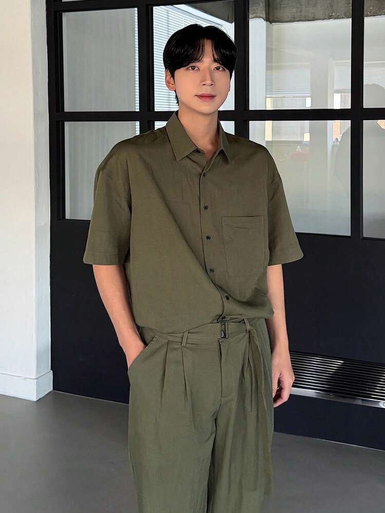 Men's Short Sleeve Polo Shirt And Pants Set, Military Green, Spring/Summer