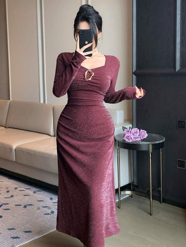 Women's Elegant Solid Color Glossy Pleated Mid-Length Dress, Spring/Summer, Wedding Guest Dress Women Dress Sundress
