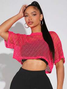 SHEIN SXY Áo croptop nữ mùa hè thời trang màu trơn khoét lỗ - Màu Hồng  Dưa hấu - Xem 5