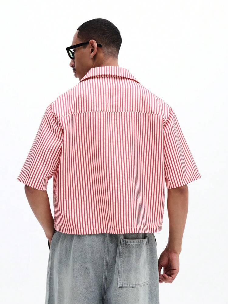 Red Striped Button Down Shirt With Logo Patches