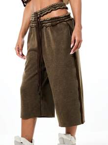 SUMWON WOMEN 女士高腰阔腿抽绳短裤，双层腰带设计，橄榄绿休闲夏季棉质百慕大裤 - 棕色 - 查看 6