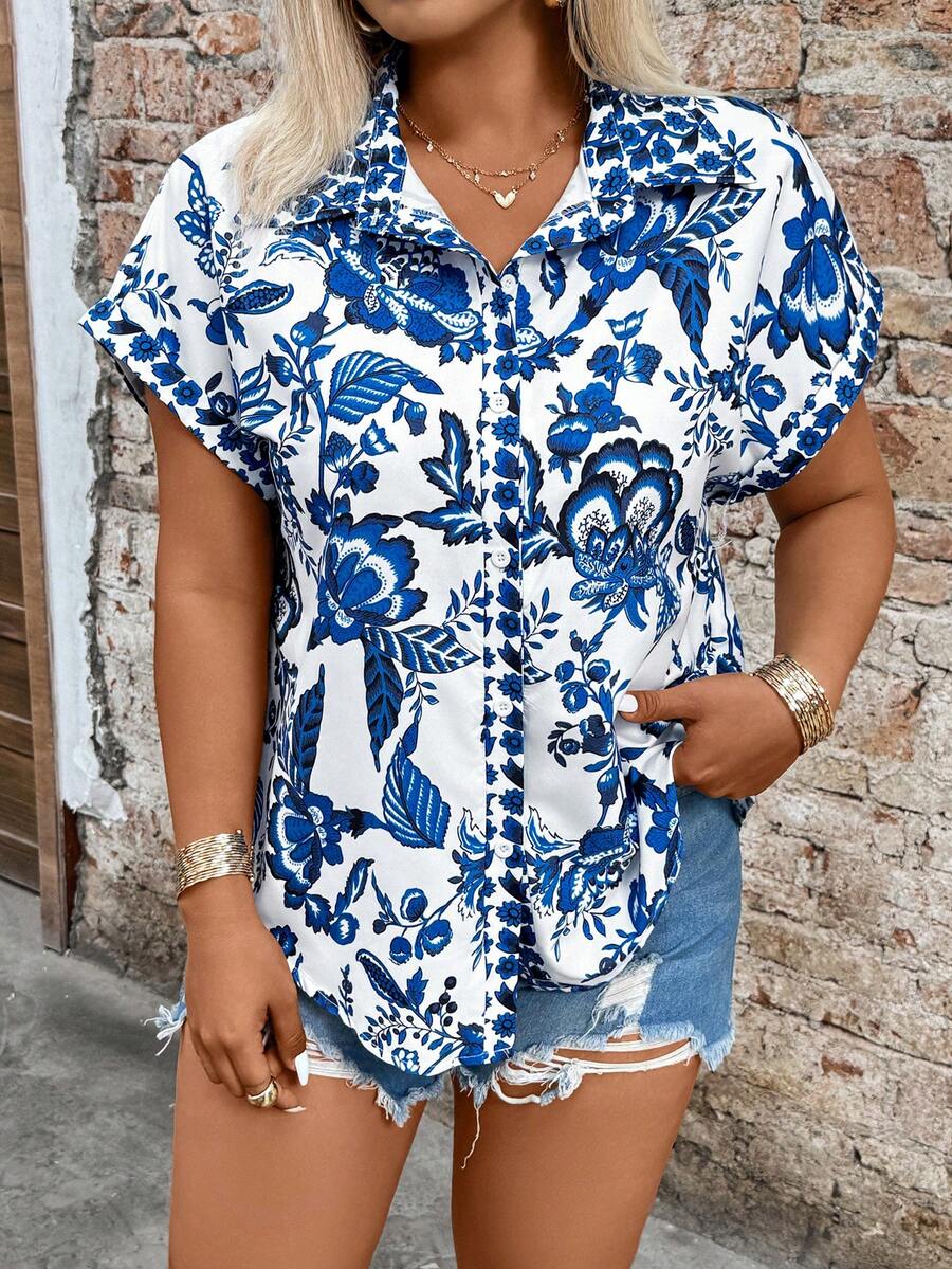 Breezaya 大码优雅印花纽扣衬衫，简约剪裁设计，适合通勤、户外活动和度假穿着。 - 彩色 - 查看 1