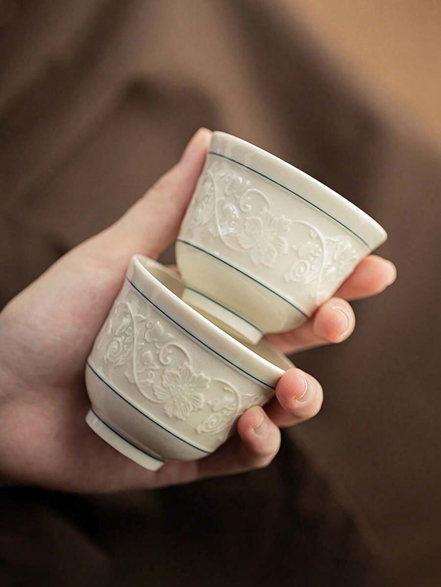 半只浮雕陶瓷茶杯，家用客用茶杯，功夫茶杯，红茶杯，大师杯，水杯，意式咖啡杯，礼品杯 - 彩色 - 查看 1