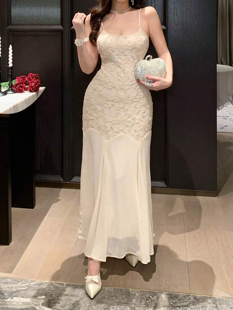 Women's Floral Jacquard Ruffle Hem Elegant Maxi Slip Dress Cocktail Dress