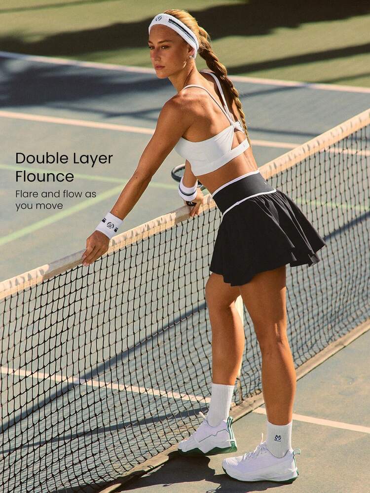 Double The Love Silky Smooth Quick-Dry UPF 50+ Crossover Waistband Built-In Shorts Side Pockets Two-Tone Double-Layer Skirt Low Impact Tennis Golf Pickleball Daily Casual Wear