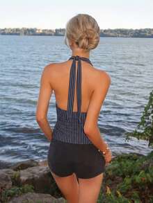 Sydney Algeri Halter Deep V-Neck Cinched Waist A-Line Backless Striped Tank Top - Grey - View 2